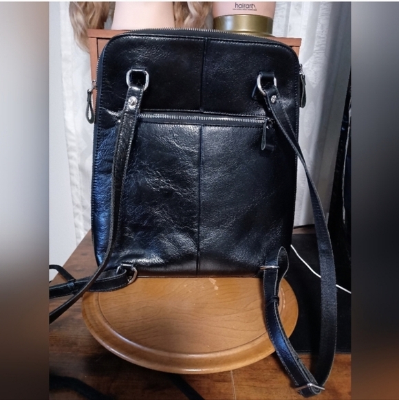 SZone Women\'s Cowhide Leather Black Backpack Purse